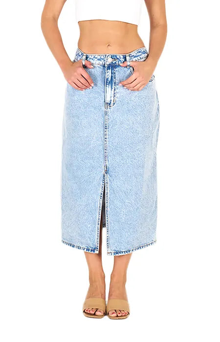 blue midi length skirt